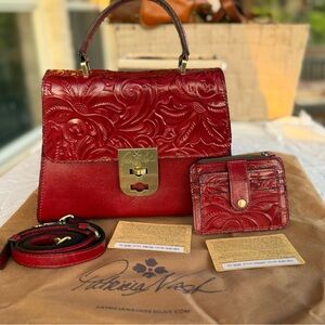 Patricia Nash Floral Embossed Red Leather Satchel Set